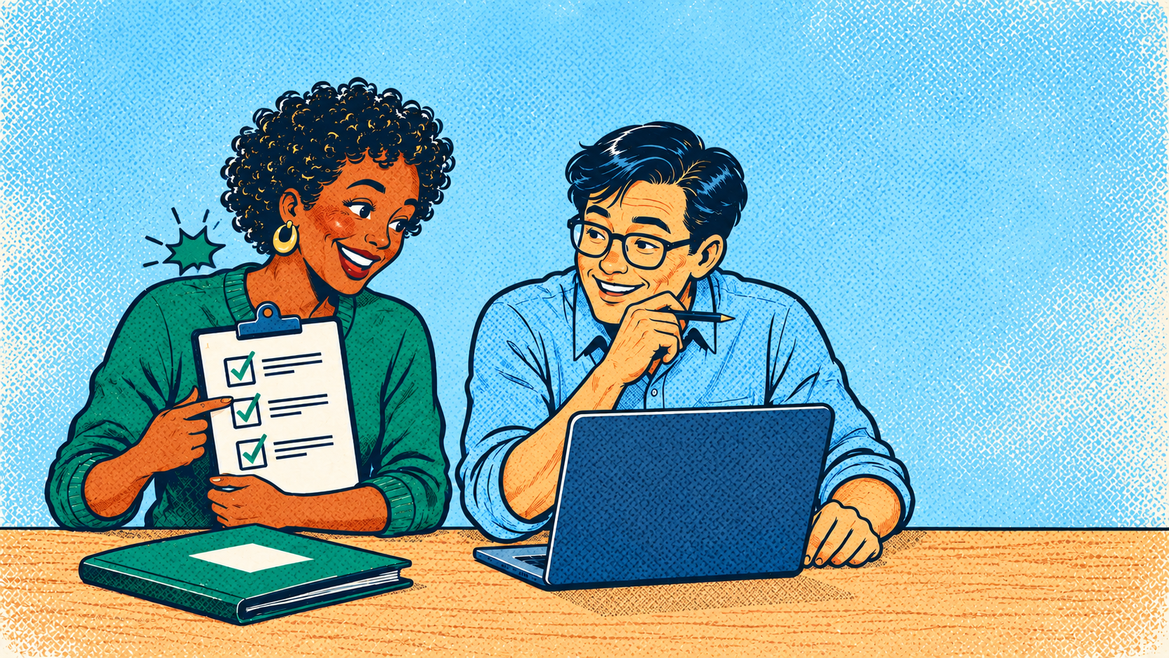 Retro comic of two diverse educators checking a course plan beside a laptop, with bold outlines and a small emerald action burst.