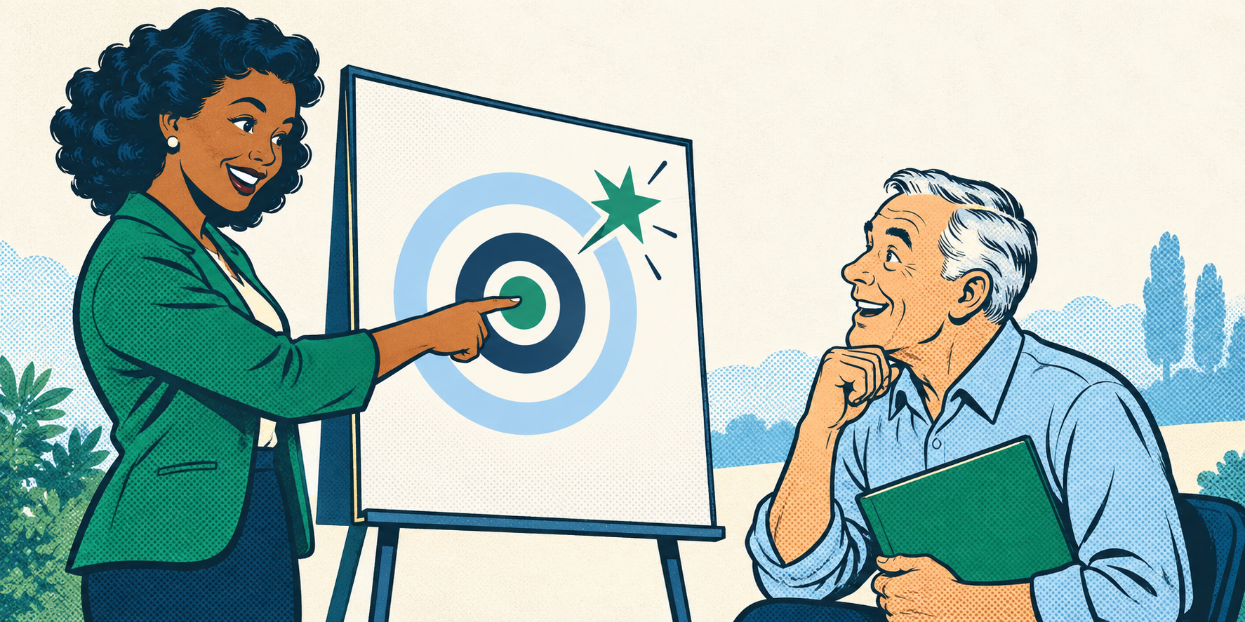 Retro comic of an educator and learner focusing on one clear teaching goal.