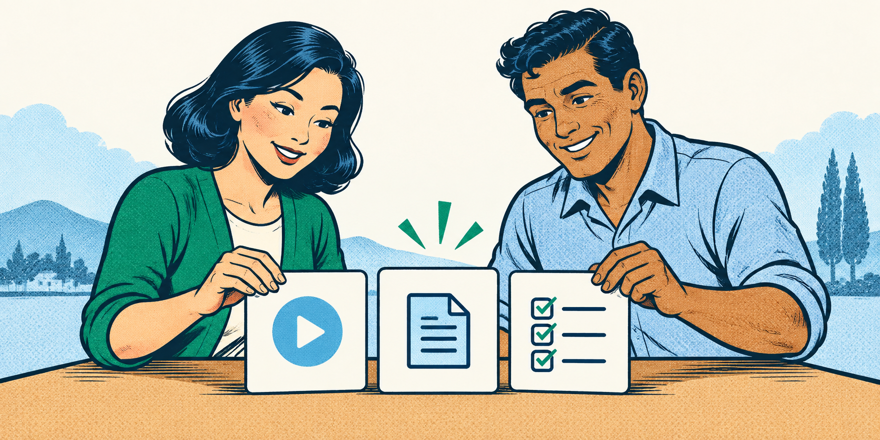 Retro comic of two educators sorting recording, document, and checklist cards into a teaching inventory.