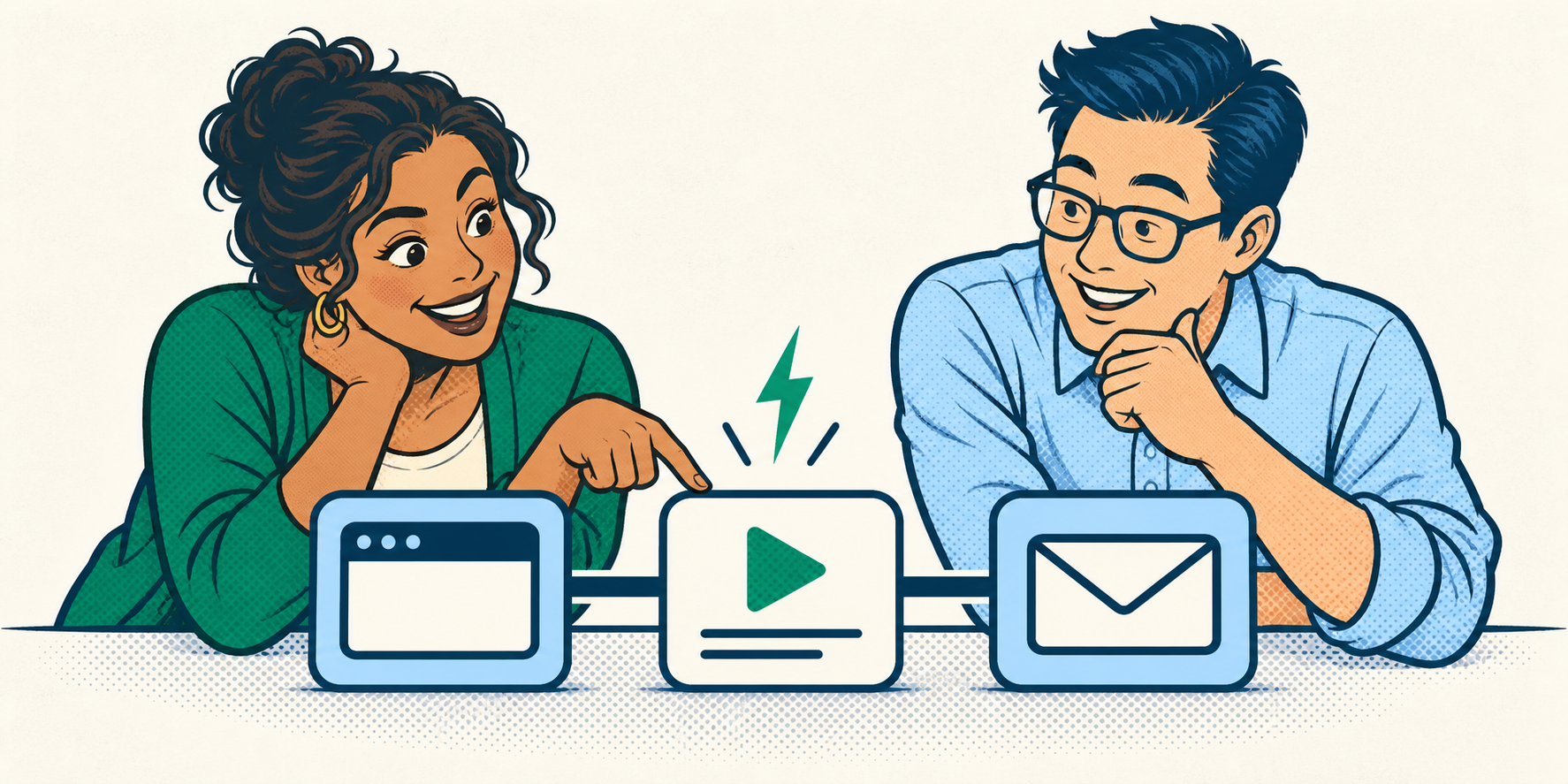 Retro comic of two educators mapping connections among a website, lesson platform, and email.