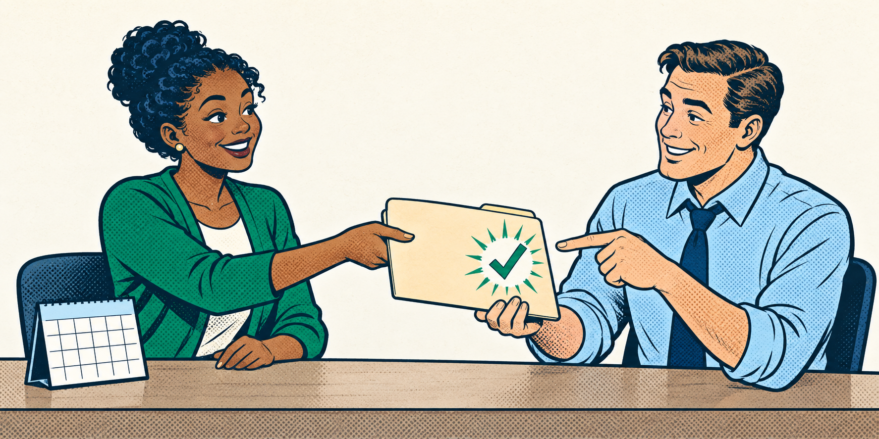 Retro comic of educators agreeing who will review a course folder and when.
