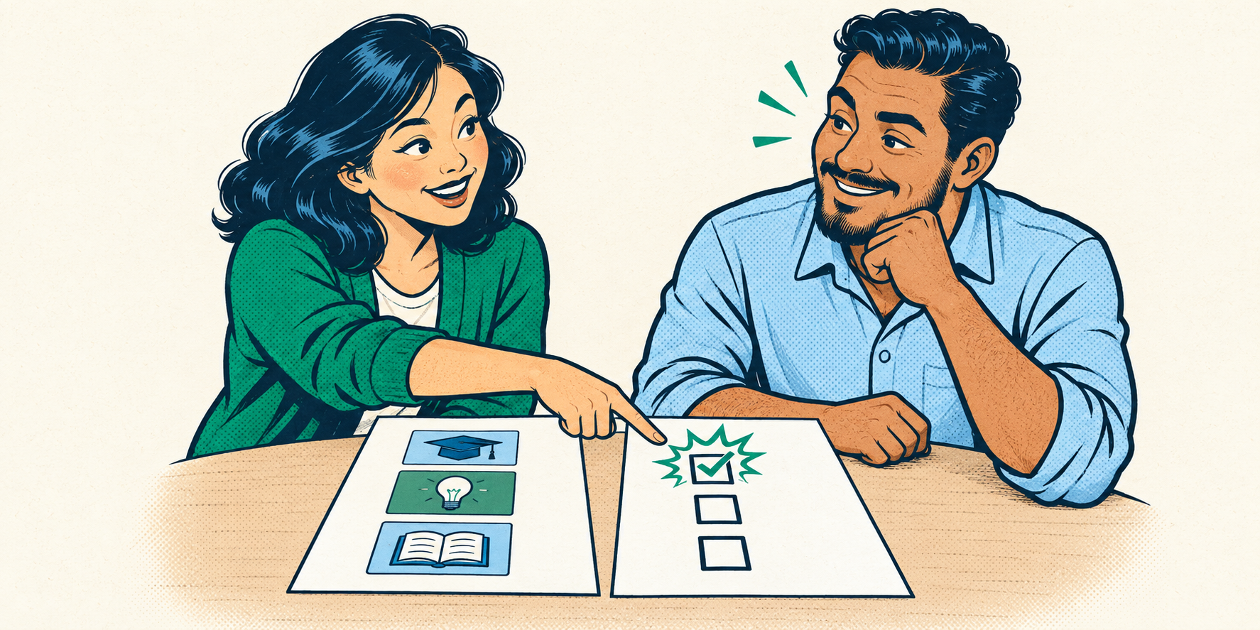 Retro comic of an educator and builder comparing deliverables in a clear project scope.