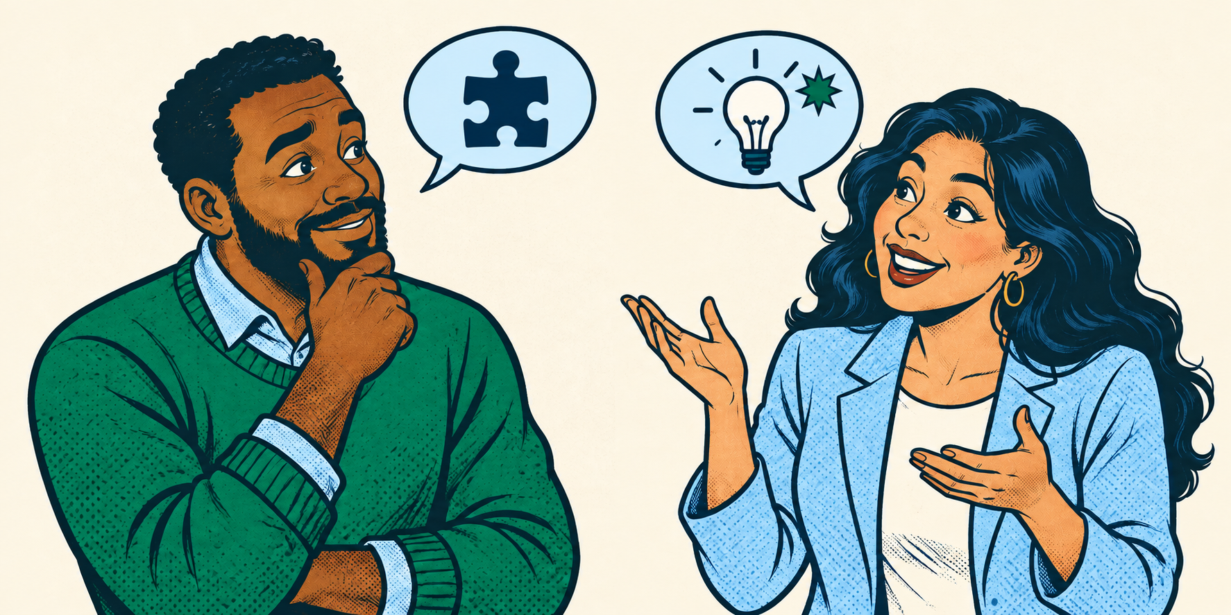 Retro comic of two educators discussing a puzzle and a useful idea using pictorial speech balloons.