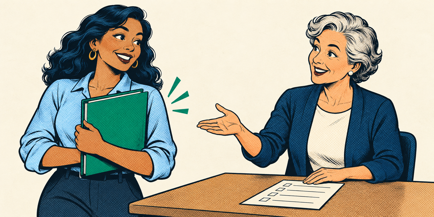 Retro comic of an educator bringing a course folder to a welcoming program-planning conversation.