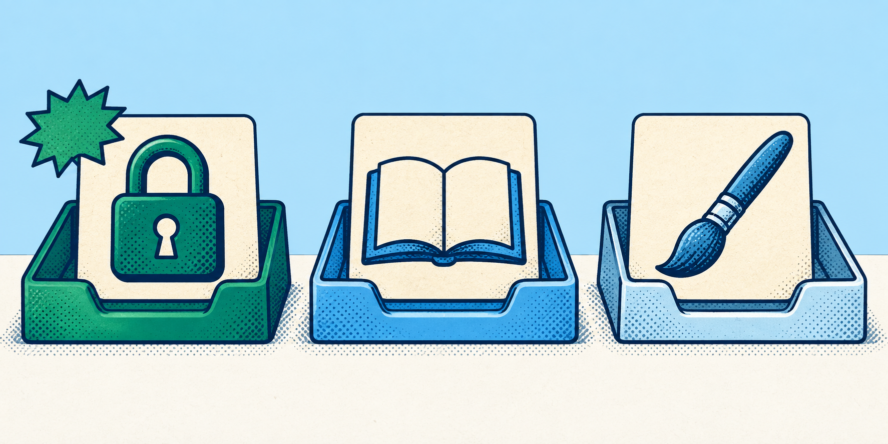 Retro comic of three separate document trays holding cards with a padlock, an open book, and a paintbrush.