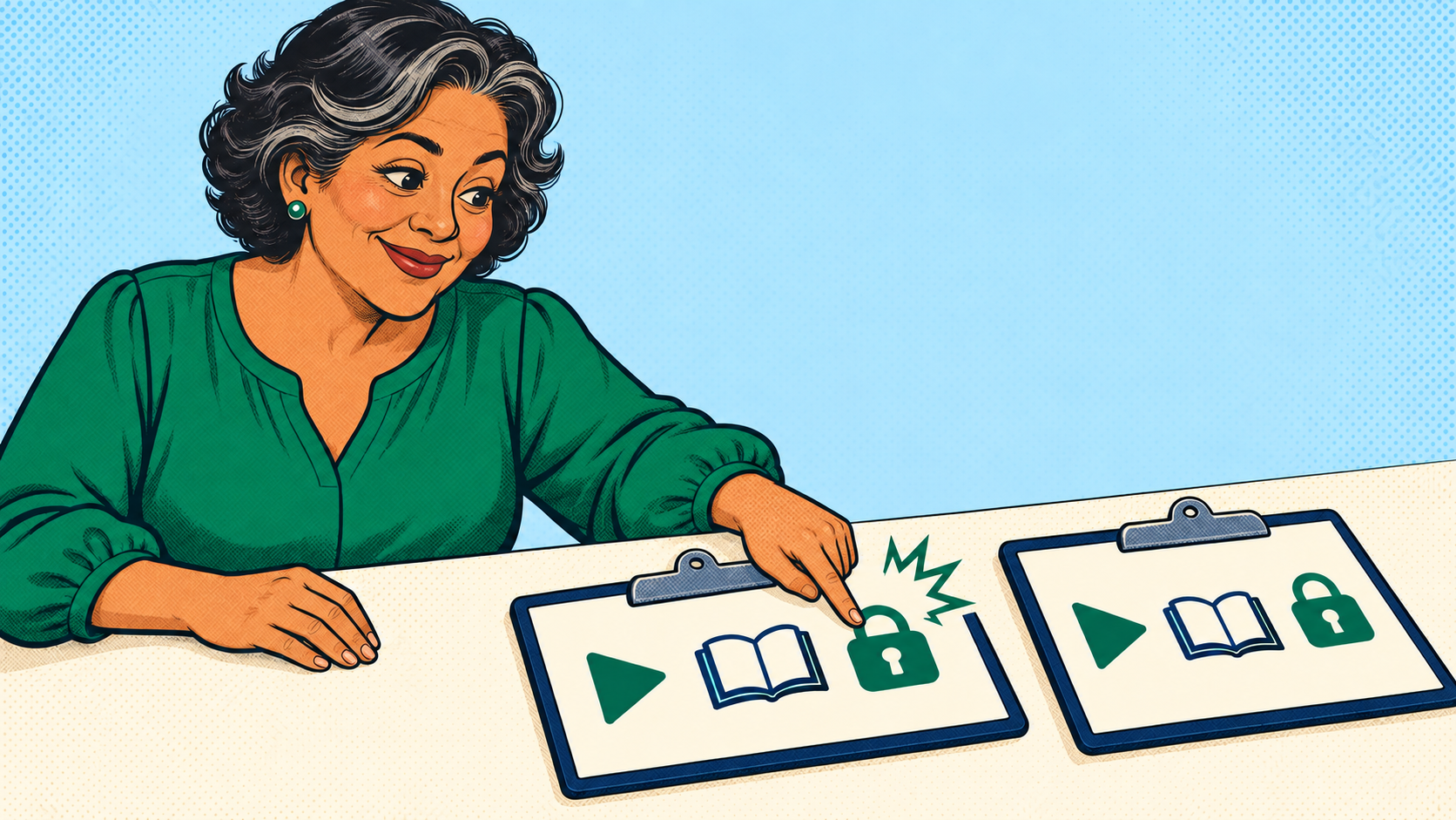 Retro comic of an educator comparing two clipboards and pointing to a padlock requirement.