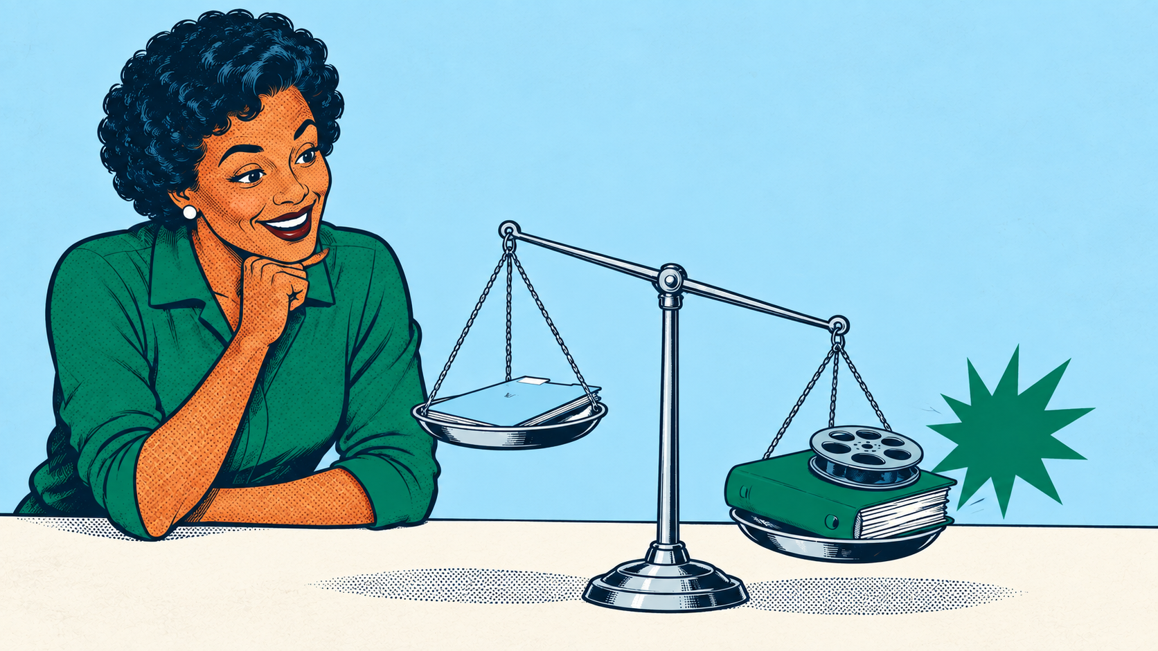 Retro comic of an educator comparing a thin course folder with a thicker folder and film reel on a balance scale.