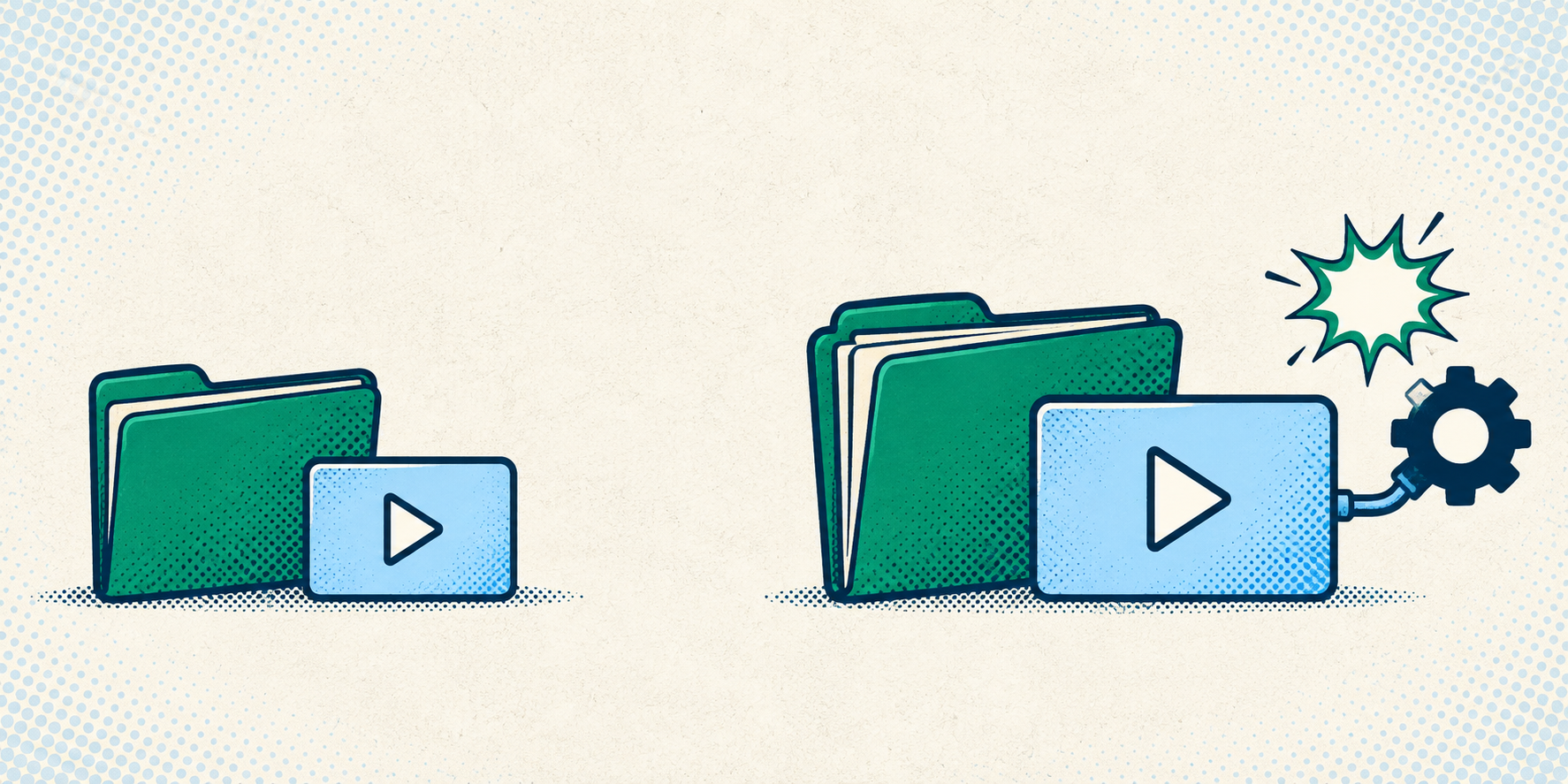 Retro comic comparing a simple folder-and-video set with a larger folder, video, and connected-system set.